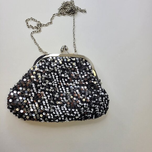 Silver Sequin Clutch Purse Evening Glitter Cocktail Purse Black Crossbody Clutch - Picture 5 of 12